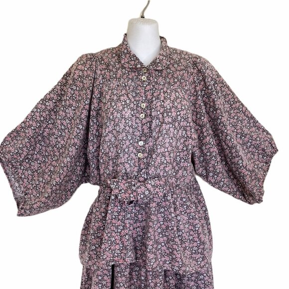 Peasant Blouse & Maxi Skirt Set Vintage Calico Floral Print Home Made - Picture 2 of 11